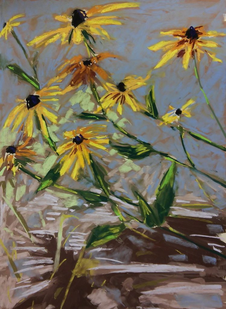 Tara Will, "Black Eyed Susans" (lavet en plein air), 2015, blød pastel, 27 x 21 tommer.  Solgt