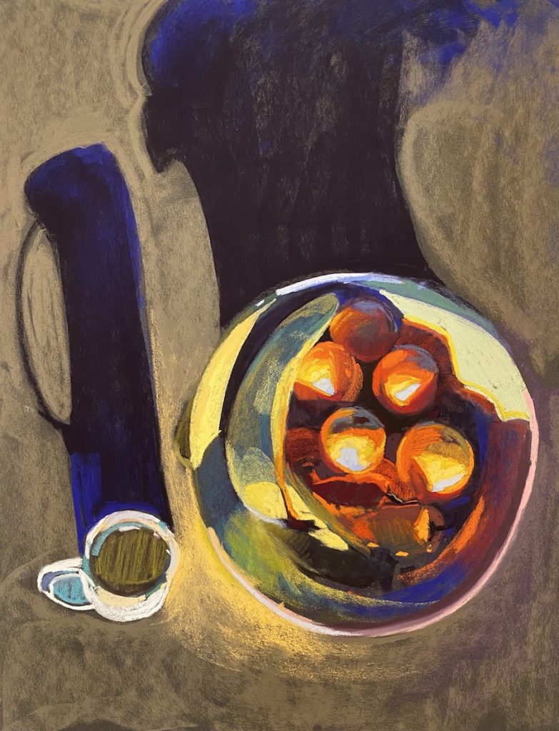 Tara Will, "Awakening Orange," 2021, blød pastel, 25 x 19 tommer, tilgængelig.  Demo på simultan kontrast