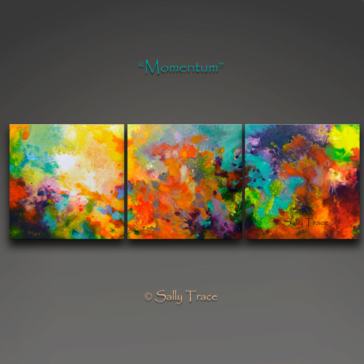 Momentum, Giclee Triptykon-tryk sat på lærred – Sally Trace abstrakte malerier