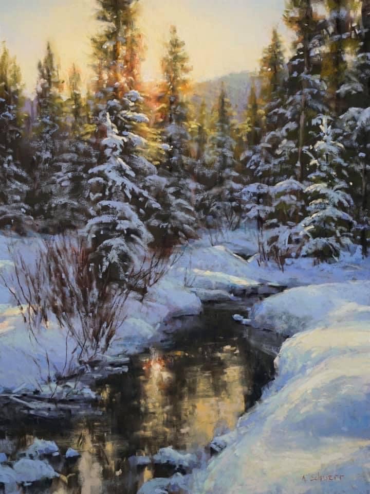 Aaron Schuerr, "Vinter guld," pastel, 24x18 in. Privat samling