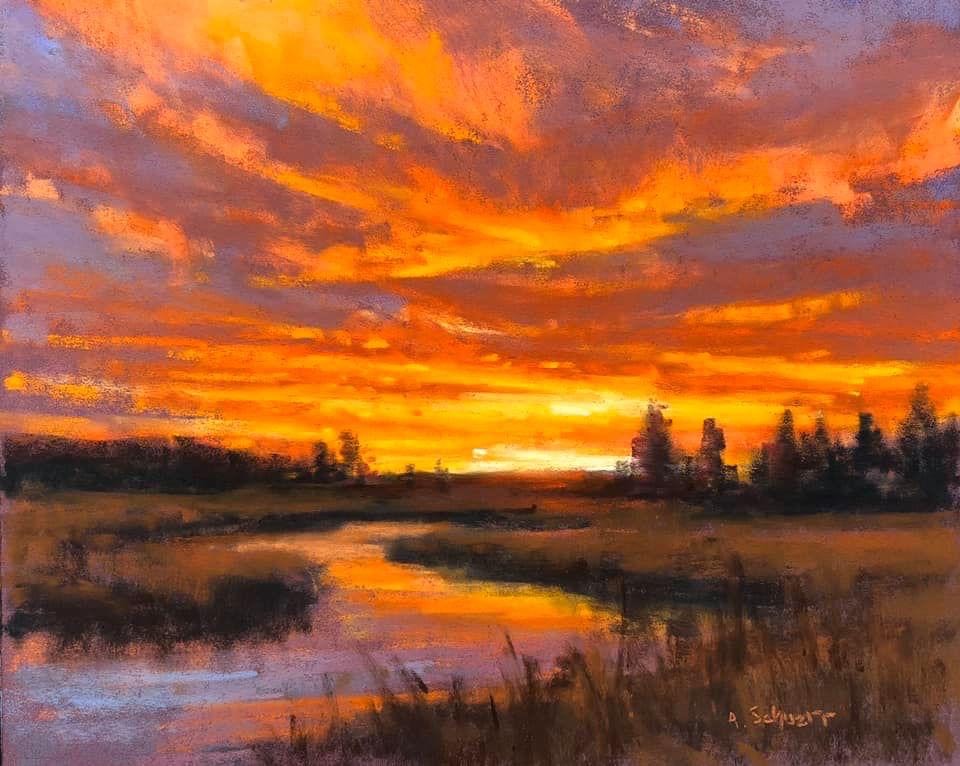 Aaron Schuerr, "Yellowstone Sunset Study," 9x12 tommer.  Privat samling